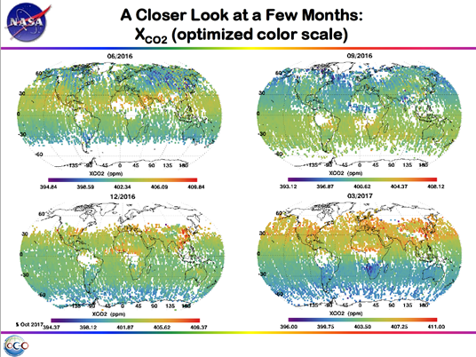 CO2濃度のグローバル分布。１ヶ月間にナディアモードにより収集したデータを地図上に投影しCO2濃度を可視化した結果（CO2濃度の単位はppm）
