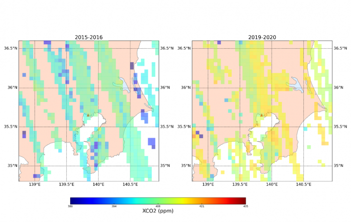 首都圏範囲内のCO2濃度を可視化した結果